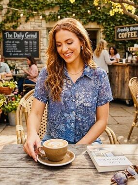 Vintage Blue Floral Short-Sleeve Button-Up Blouse